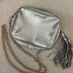 Victoria’s Secret Silver Crossbody Bag with Tassel with Gold Chain Strap